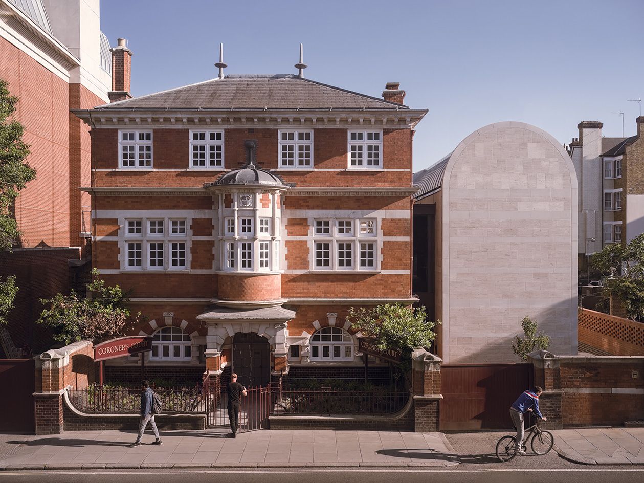 Westminster coroner&#039;s court with abstract forms added to the historic fabric and colourful stained glass