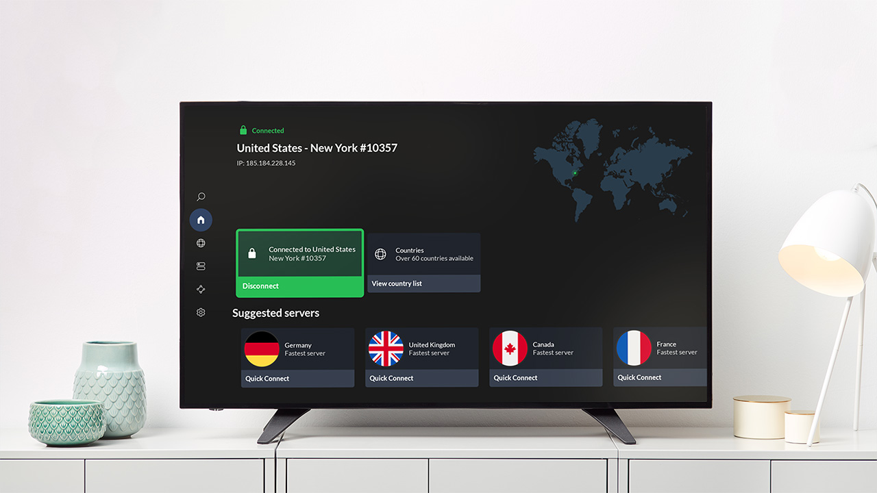 NordVPN&#039;s Android TV VPN app displayed on a smart TV