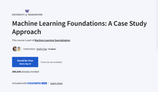 A screenshot of the Coursera website advertising the 'Machine Learning Foundations: A Case Study Approach' course