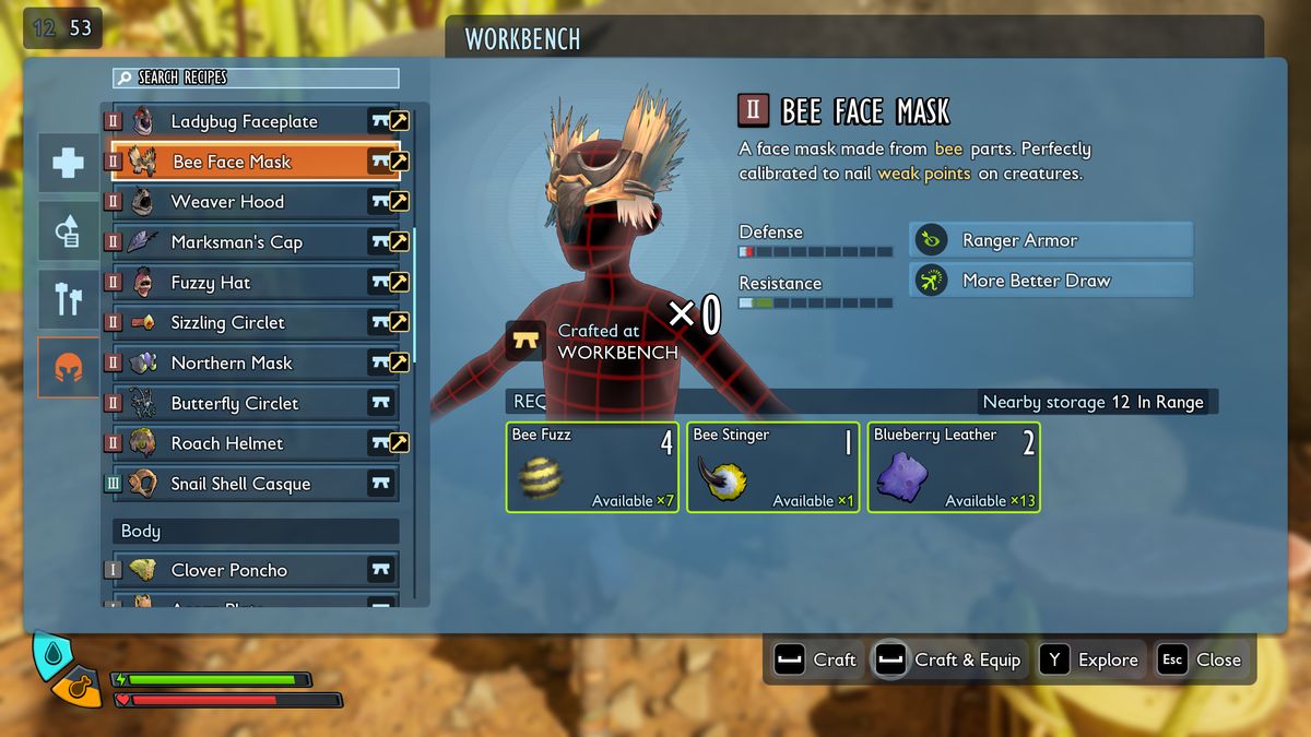 Grounded 2 best armour: The Bee Face Mask recipe shown in the workbench interface.