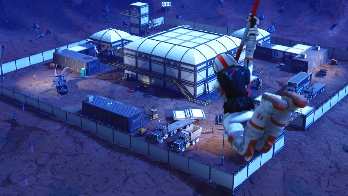 A royale battler skydives toward the tweaked Dusty Divot in Fortnite.