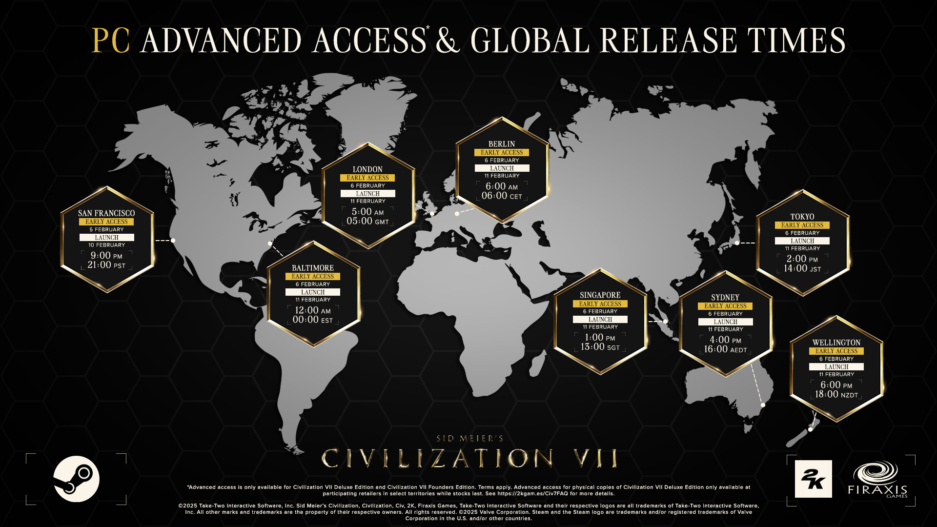 A map showing Civ 7 early access and launch times for different timezones around the world.