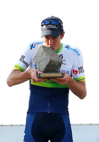 Matt Hayman (Orica-GreenEdge) kisses the Paris-Roubaix trophy