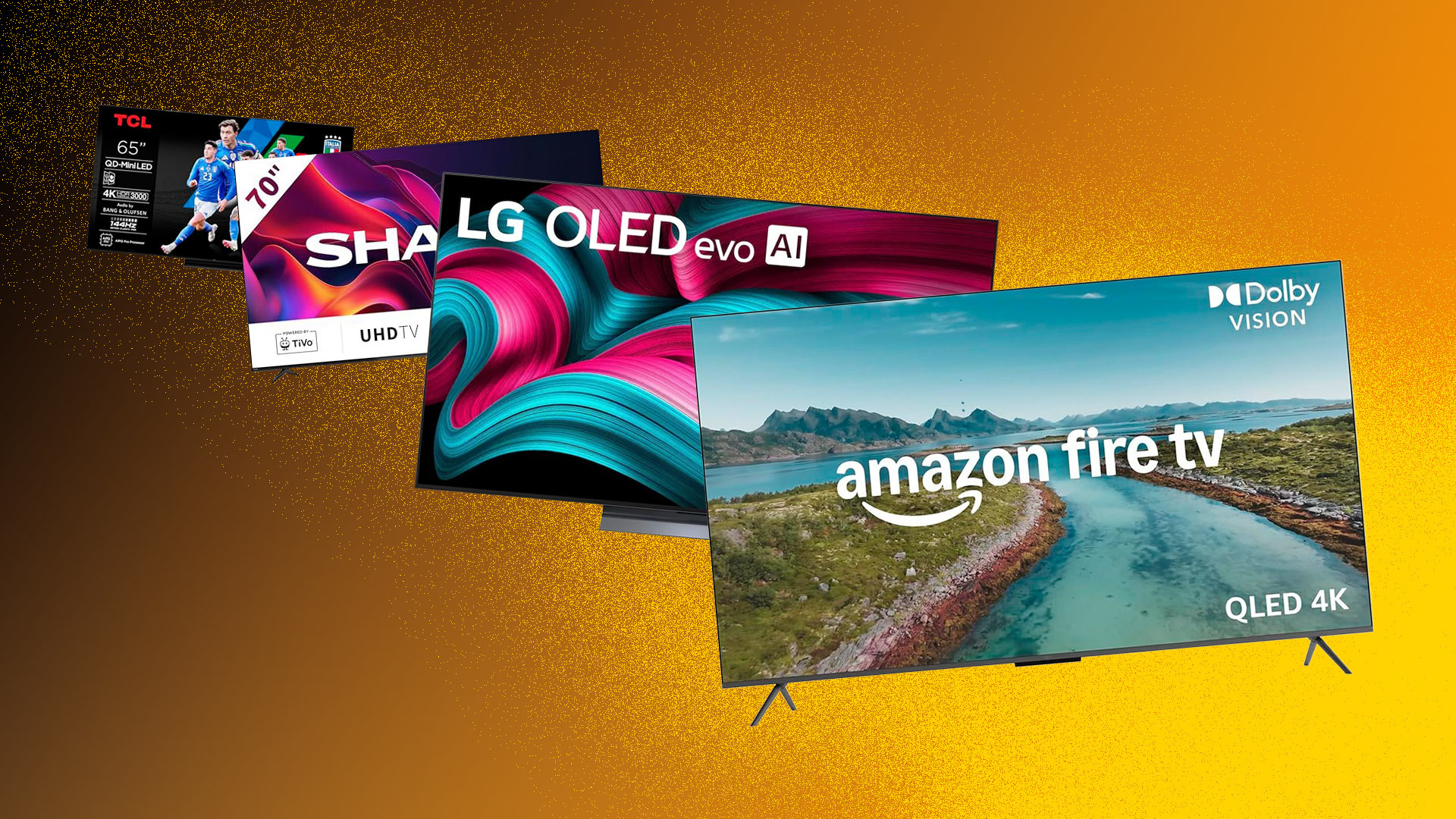 An image showing the Amazon Omni QLED, LG C5, Sharp GK4245K and TCL C7K TVs