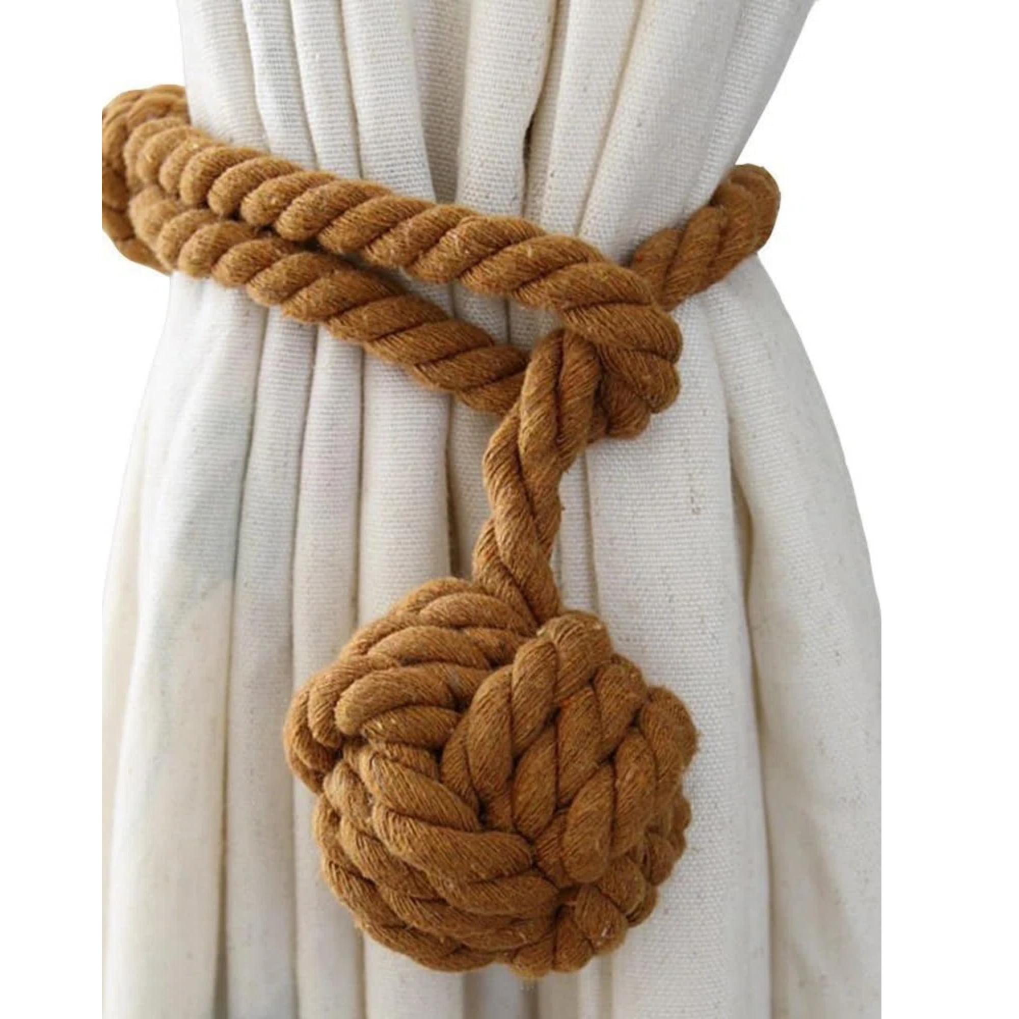 a curtain with a tan knotted curtain tieback