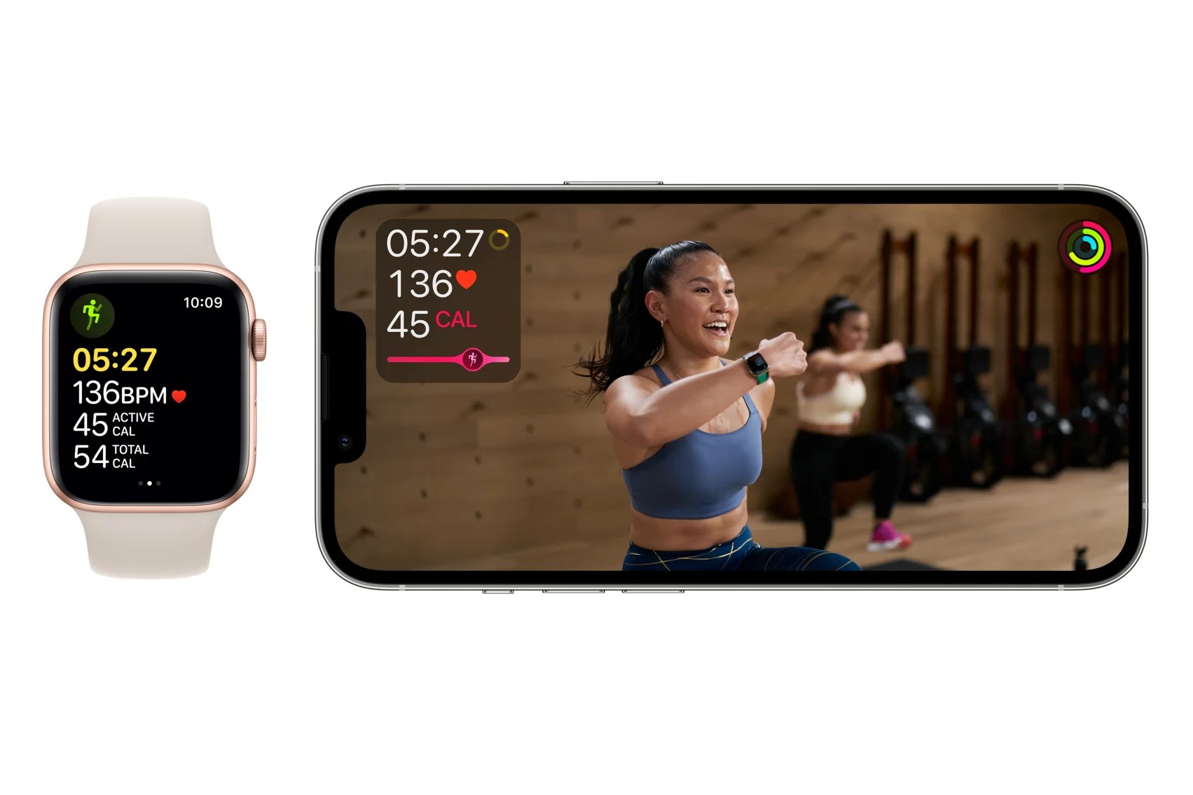 Apple Watch SE next to iPhone showing Apple Fitness +