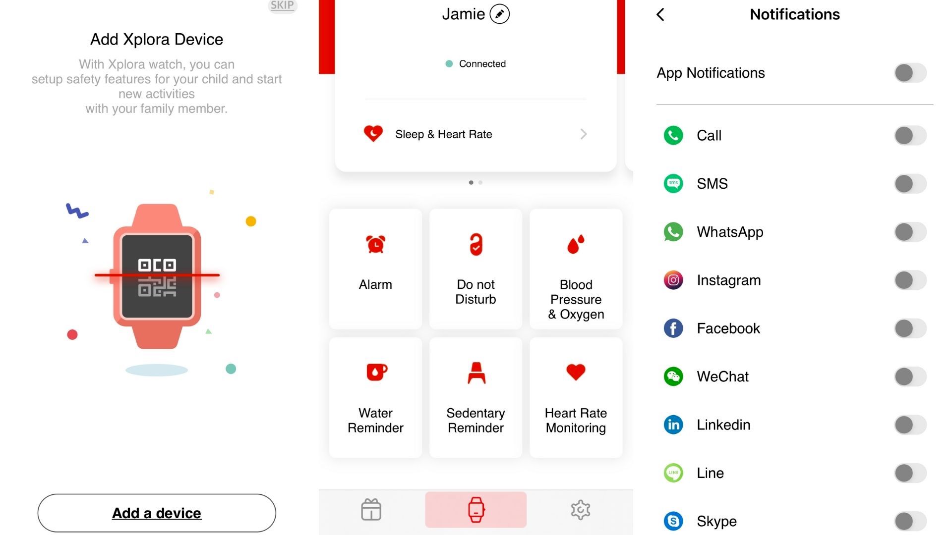 Setup options for the Xplora XMOVE on a smartphone