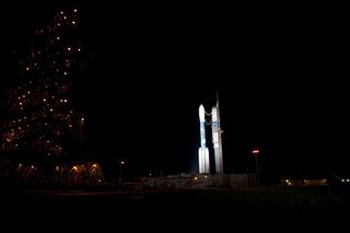 At Space Launch Complex 17B on Cape Canaveral Air Force Station, Fla., the mobile service tower is aglitter as it rolls away from the United Launch Alliance Delta 2 rocket that will launch NASA's Gravity Recovery and Interior Laboratory mission.