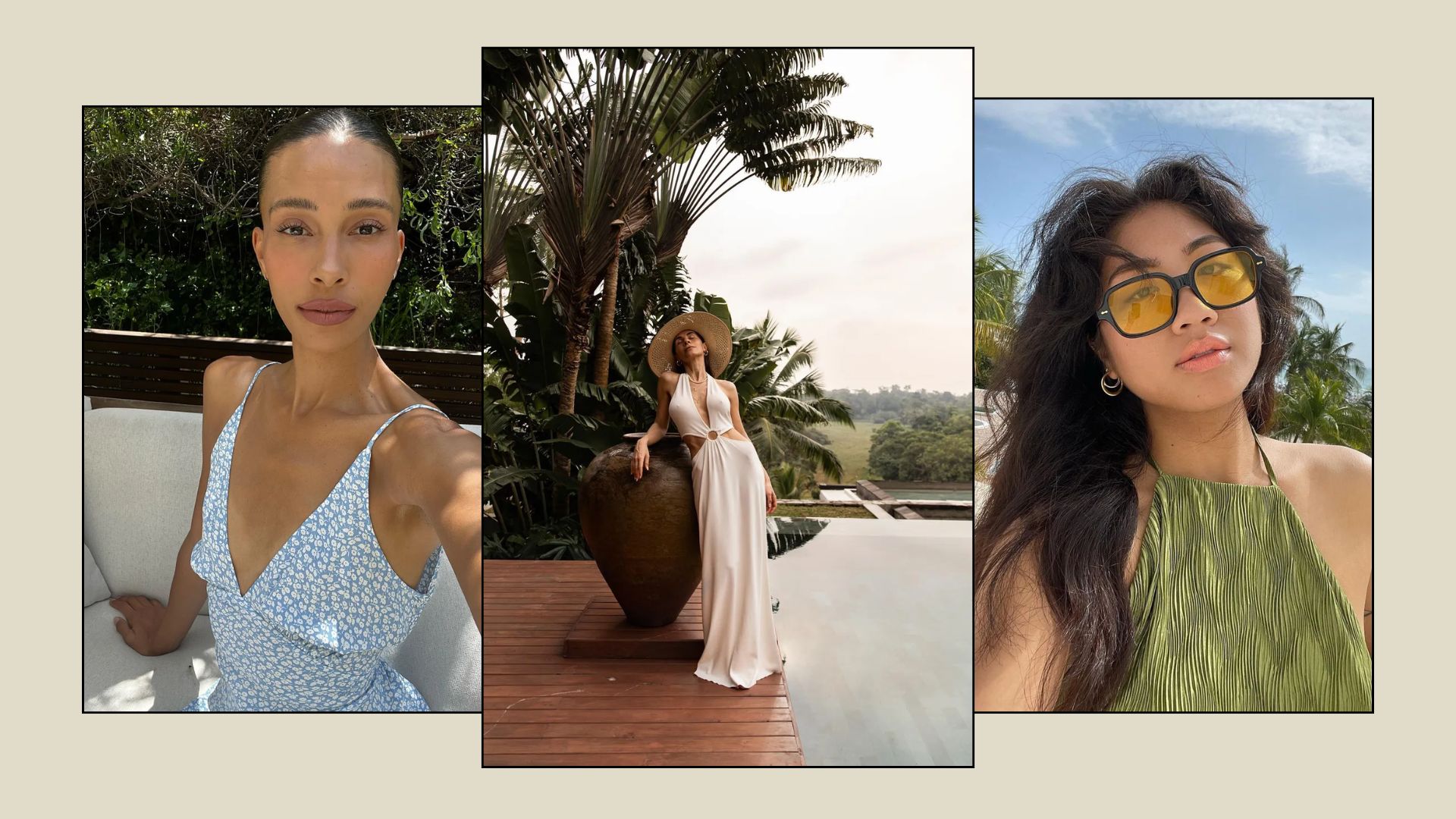 Three women taking selfies in a sunny climate