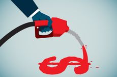 A hand holding a gasoline hose that is pouring out fuel in the shape of a dollar sign, indicating gas prices.