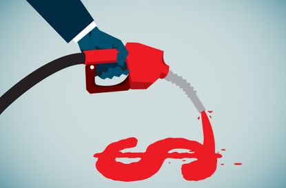 a hand holding a gasoline hose that is pouring out fuel in the shape of a dollar sign