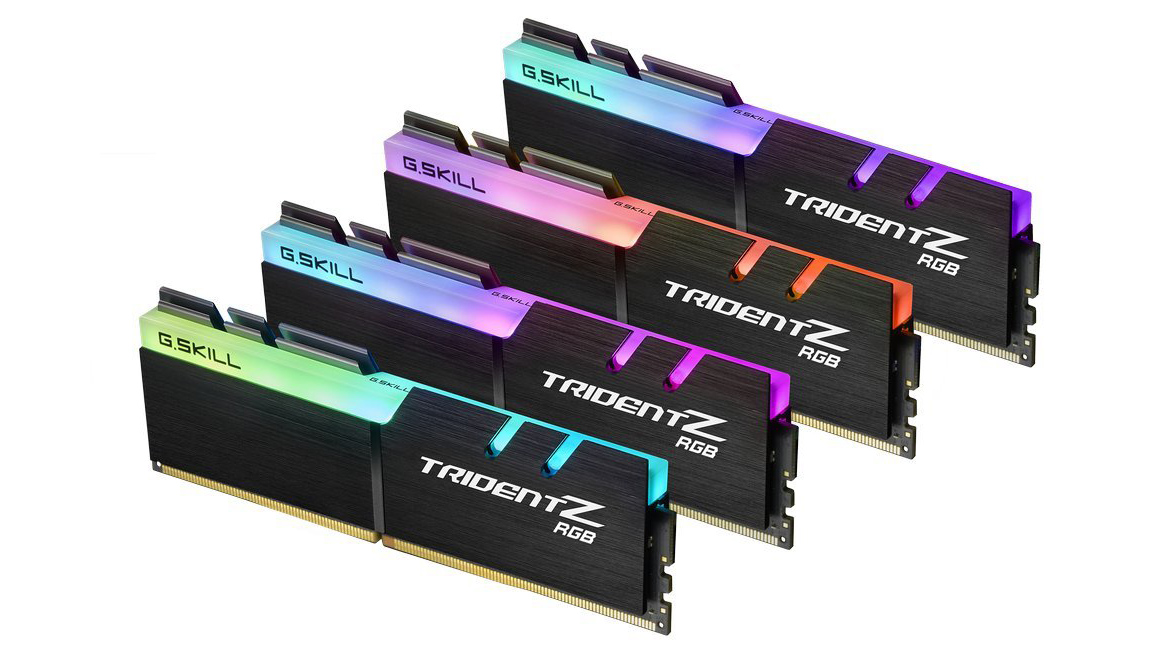 G.Skill Trident Z RGB showcasing their RGB lighting at an angle against a white background