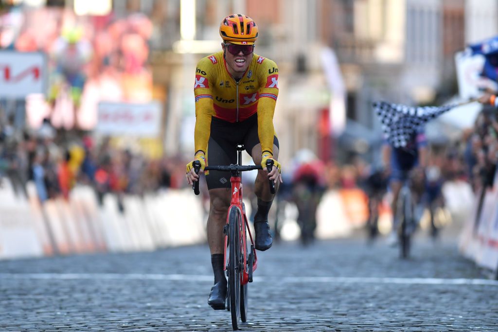 BINCHE BELGIUM OCTOBER 05 Rasmus Fossum Tiller of Norway and UNO X Pro Cycling Team crosses the finishing line in second place during the 33rd Binche Chimay Binche Memorial Frank Vandenbroucke 2021 a 1986km race from Binche to Binche BincheChimayBinche on October 05 2021 in Binche Belgium Photo by Luc ClaessenGetty Images
