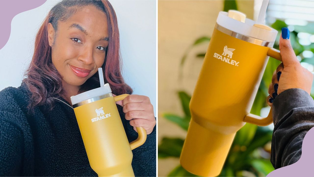 A side-by-side image of a person smiling and holding a gold Stanley Quencher tumbler on the left and a picture of a person&#039;s hand holding the same tumbler on the right, for the Stanley Quencher Tumbler review. 