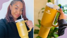 A side-by-side image of a person smiling and holding a gold Stanley Quencher tumbler on the left and a picture of a person's hand holding the same tumbler on the right, for the Stanley Quencher Tumbler review. 