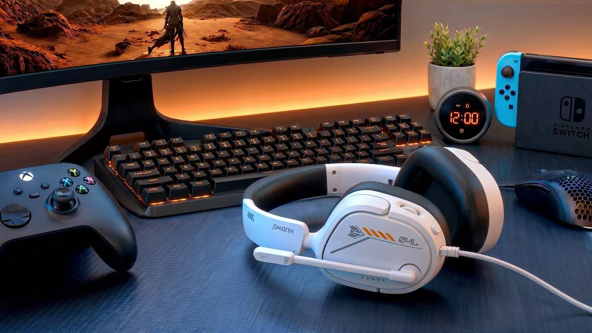 NUBWO HG04L gaming headset on a desk in front of a monitor, xbox controller and Nintendo Switch