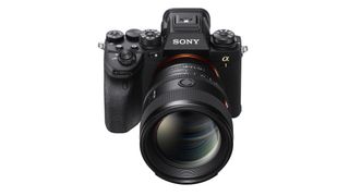 Sony FE 85mm f/1.4 GM II lens on a white background