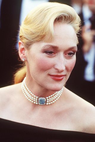 Meryl Streep with matte skin and a bold lip