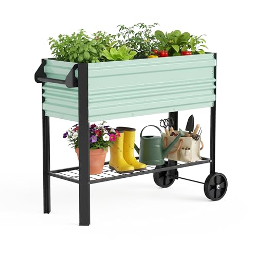 Workpro Galvanized Raised Garden Bed With Legs &amp;amp; Wheels, 37x14.6x31.6in, 400lb Capacity Elevated Planter Box for Garden, Backyard, Patio &amp;amp; Deck, Light Green
