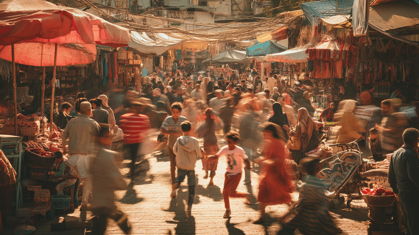 A market with people running through it created by Midjourney