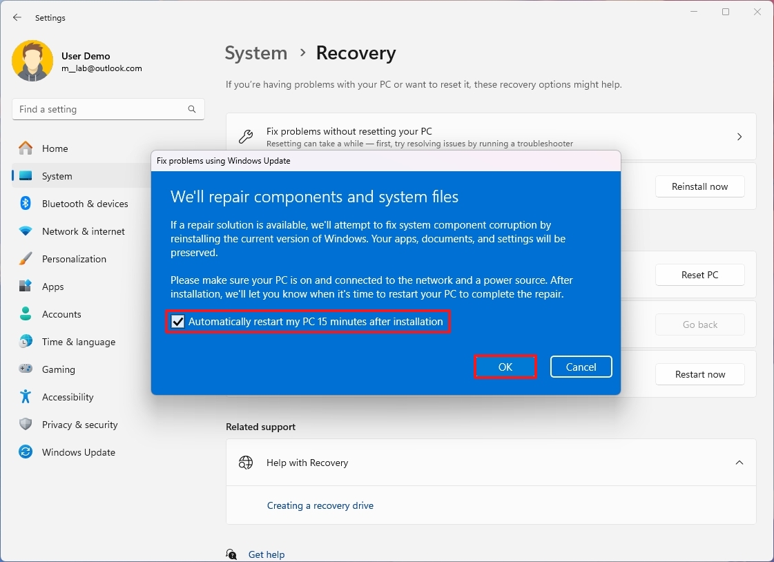 Automatically restart my PC 15 minutes after installation
