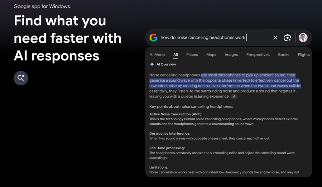 The Google app for Windows test lets users Search the web and receiving AI Overviews with quick, bite-sized info.