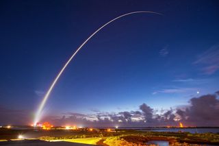 An Atlas V rocket carrying the MUOS-4 satellite took off from Florida's Cape Canaveral Air Force Station at 6:18 a.m. EDT (1018 GMT). This long exposure snapshot captured the streak of the rocket's fiery tail across the predawn sky. Credit: United Launch Alliance.