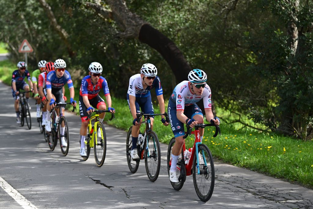 LAGOS PORTUGAL FEBRUARY 14 LR Noah Campos of Portugal and Team Kelly Simoldes UDO and Diogo Narciso of Portugal and Team Credibom LA Aluminios Marcos Car compete in the breakaway during the 50th Volta ao Algarve em Bicicleta 2024 Stage 1 a 2008km stage from Portimao to Lagos on February 14 2024 in Lagos Portugal Photo by Dario BelingheriGetty Images