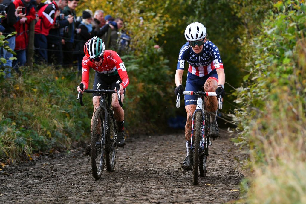 OUDENAARDE BELGIUM NOVEMBER 01 LR Blanka Vas Kata of Hungary Team SD Worx and Clara Honsinger of The United States and Team CannondaleCyclocrossworld compete during the 32nd Koppenbergcross Grand Prix Jolien Verschueren 2021 Womens Elite Koppenbergcross Oudenaarde X2OBadkamersTrofee on November 01 2021 in Oudenaarde Belgium Photo by Luc ClaessenGetty Images