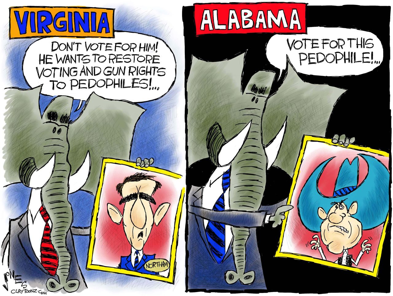 Political cartoon U.S. Roy Moore sexual harassment Northam