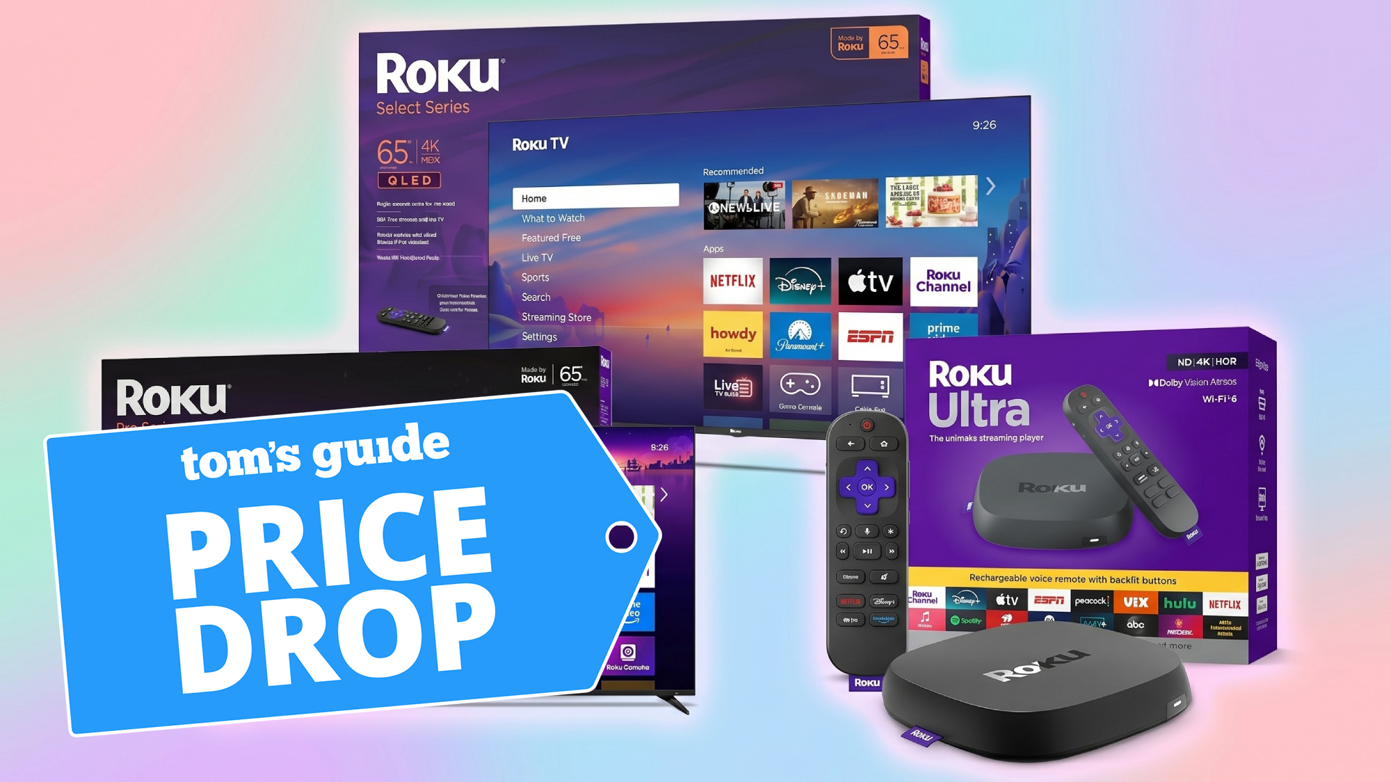 Two Roku TVs and a Roku Ultra