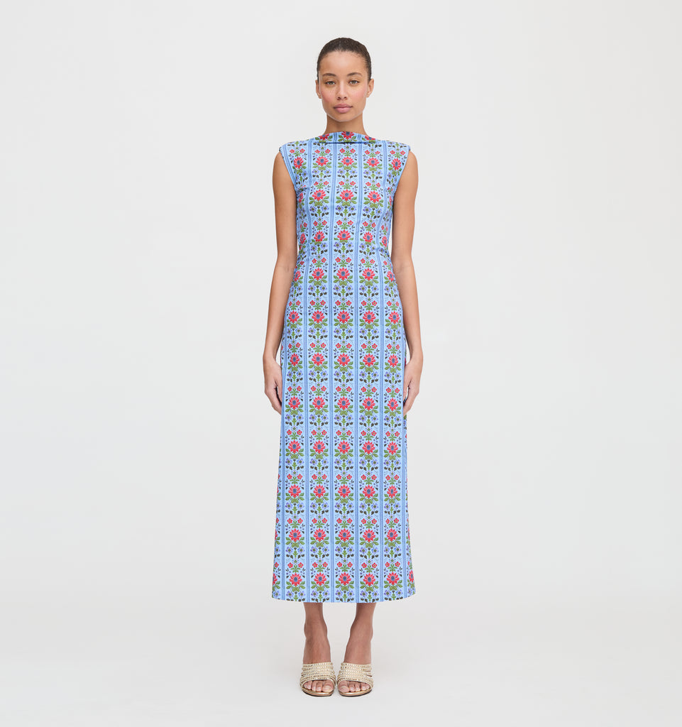 The Sloane Dress - Blue Floral Block Stripe Jersey