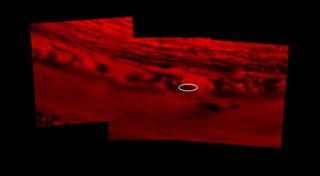 This infrared-light image, made from data obtained by the visual and infrared mapping spectrometer aboard NASA's Cassini spacecraft, shows where the probe entered Saturn's atmosphere on Sept. 15, 2017. Cassini captured the image a day earlier, when it was about 394,000 miles (634,000 kilometers) from Saturn.