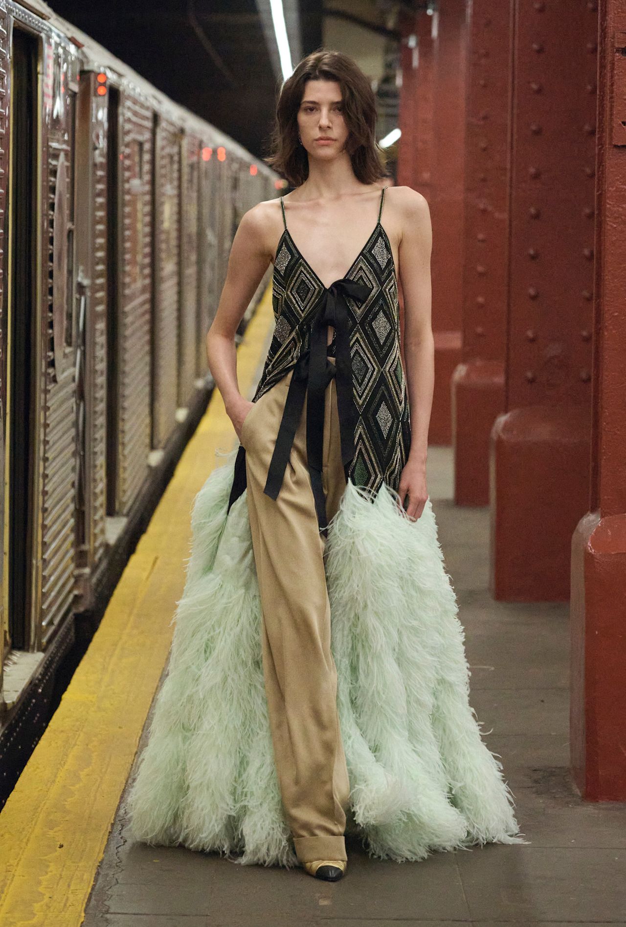 models walk the subway runway for the chanel metiers d'art 2026 show in new york city