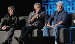 Mark Hamill Harrison Ford and George Lucas