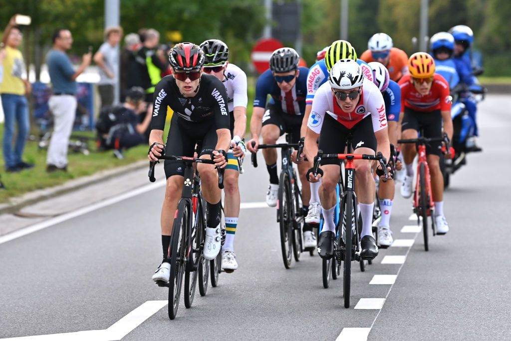 LEUVEN BELGIUM SEPTEMBER 24 LR Finn FisherBlack of New Zealand and Mauro Schmid of Switzerland compete in the breakaway during the 94th UCI Road World Championships 2021 Men U23 Road Race a 1609km race from Antwerp to Leuven flanders2021 on September 24 2021 in Leuven Belgium Photo by Dirk Waem PoolGetty Images