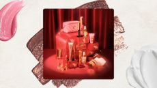 Image of Charlotte's Hollywood Beauty Wonderland Advent Calendar on a beige background with a mauve glitter detail, pink lip gloss and cream swatches