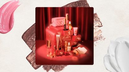 Image of Charlotte's Hollywood Beauty Wonderland Advent Calendar on a beige background with a mauve glitter detail, pink lip gloss and cream swatches