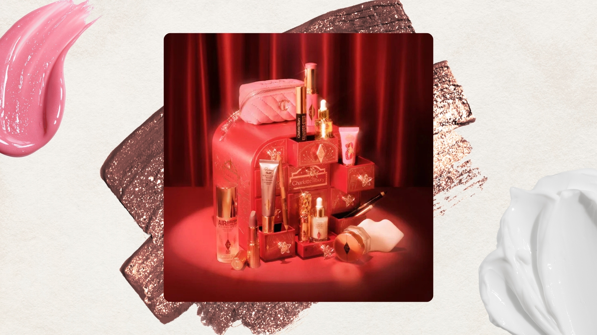 Image of Charlotte's Hollywood Beauty Wonderland Advent Calendar on a beige background with a mauve glitter detail, pink lip gloss and cream swatches