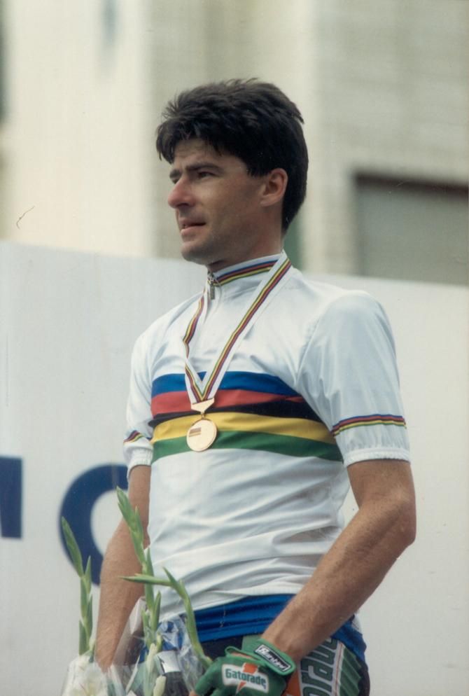 Giani Bugno (Italy) won back-to-back rainbow jerseys in 1991 and 1992. Here he is in Benidorm after winning his second Worlds title