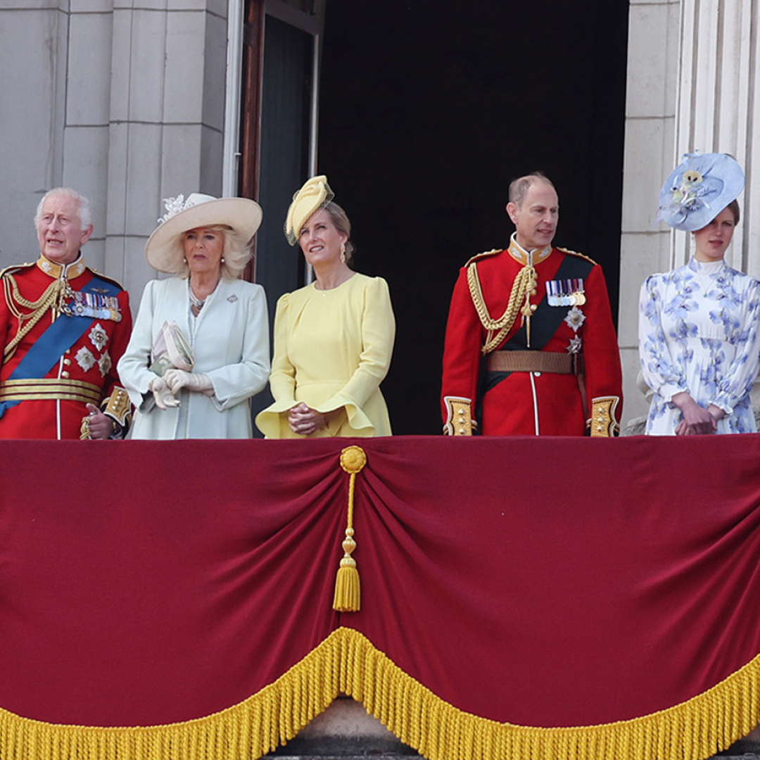 Lady Louise, King Charles, Queen Camilla and members of the Royal Family on the balcony at Trooping the Colour 