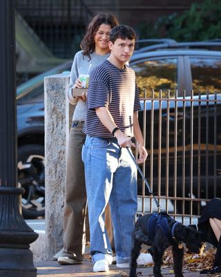 Zendaya and Tom Holland take a walk in Boston where Zendaya wears a gray reformation sweater and cargo pants, plus sneakers