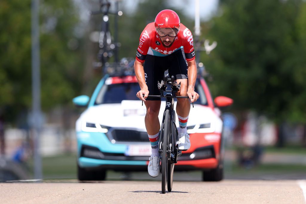 VALLADOLID SPAIN SEPTEMBER 05 Thomas De Gendt of Belgium and Team Lotto Dstny sprints during the 78th Tour of Spain 2023 Stage 10 a 258km individual time trial stage from Valladolid to Valladolid UCIWT on September 05 2023 in Valladolid Spain Photo by Alexander HassensteinGetty Images