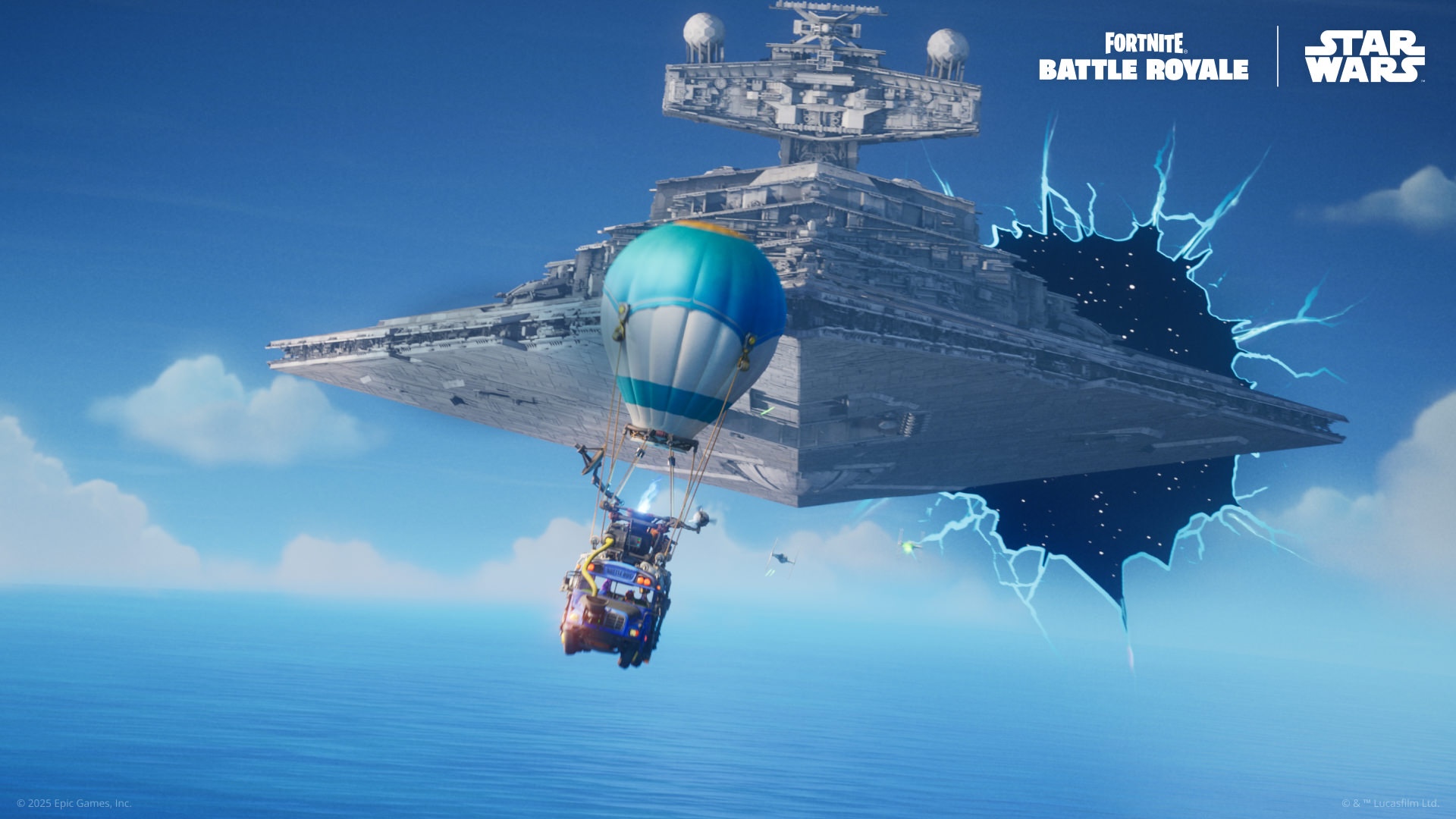 A battle bus flies away from an emerging Star Destroyer