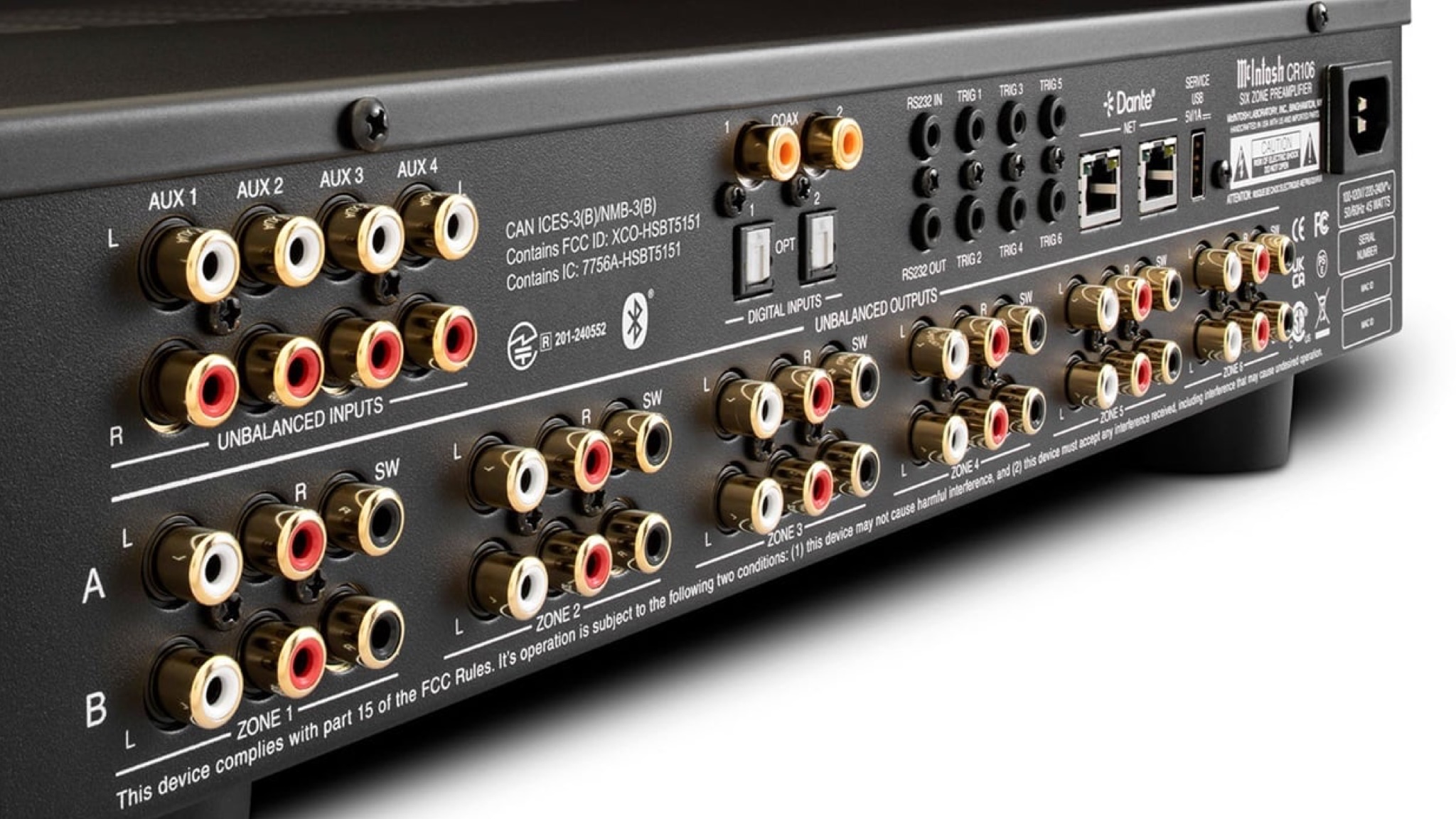 Angled rear view of the McIntosh CR106 on a white background