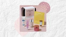 Boots X K Beauty Beauty Icons Gift Set on a white textured background with pink and mauve graphics
