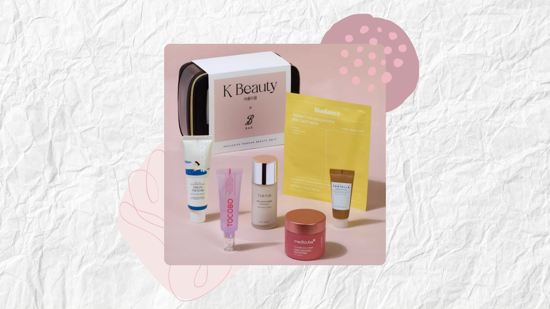 Boots X K Beauty Beauty Icons Gift Set on a white textured background with pink and mauve graphics