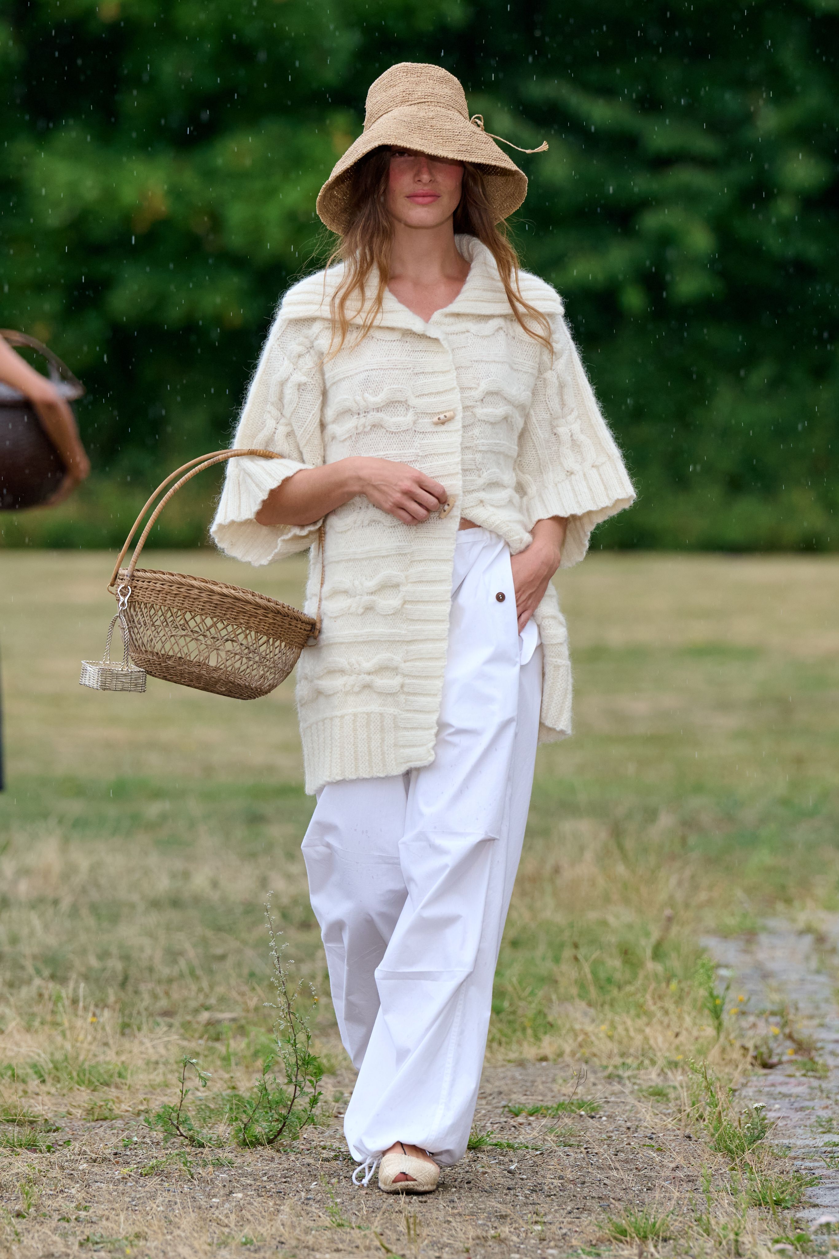 Four Spring 2027 Copenhagen Fashion Week looks featuring colorful woven skirts, white separates, layered gingham, and relaxed tailoring from Larkin, Skall Studio, and Nicklas Skovgaard.