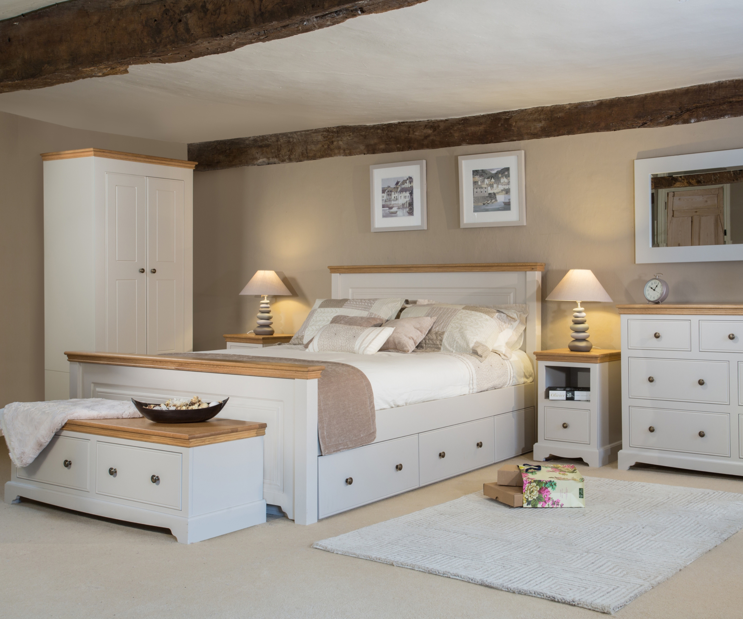 white and wood matching bedroom furniture set in bedroom