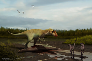 Siats meekerorum in its marshy habitat keeps small-bodied tyrannosaurs from its kill.